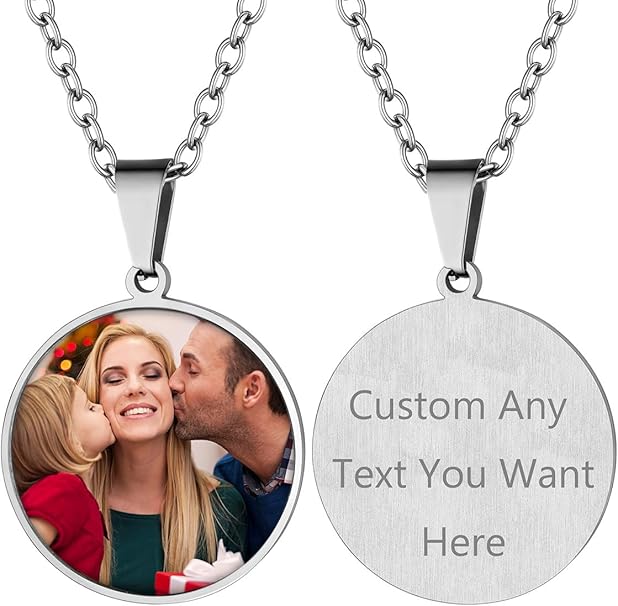 Personalized Photo Necklace, Heart/Military +3 Styles Necklace, Women Men Photo Pendant, Silver/Black/Gold Personalized Photo Necklace + Engraving, Gift for Women Men Boys
