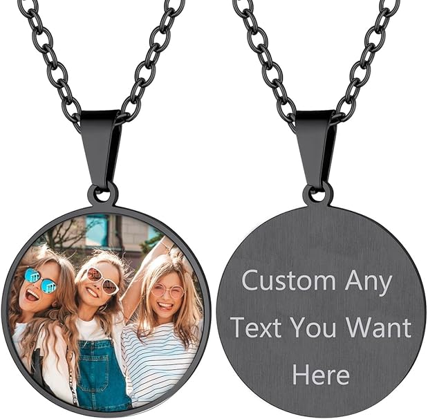 Personalized Photo Necklace, Heart/Military +3 Styles Necklace, Women Men Photo Pendant, Silver/Black/Gold Personalized Photo Necklace + Engraving, Gift for Women Men Boys